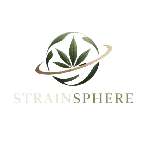 Strainsphere cannabis logo featuring a premium green cannabis leaf with a gold planetary orbit on a dark background.